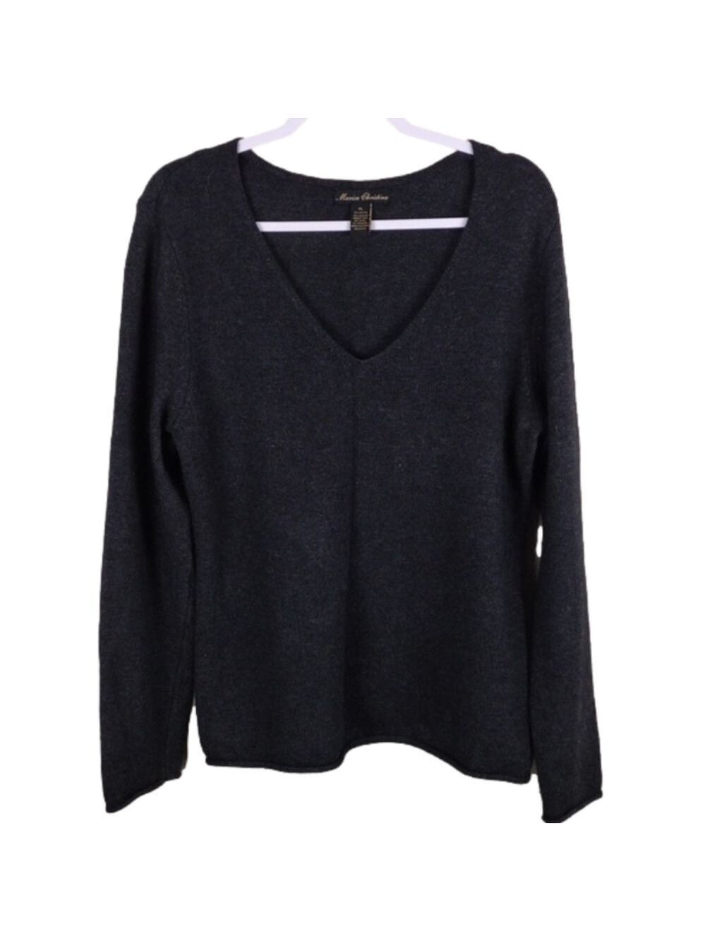 Marisa Christina Dark Grey Angora Wool Blend V-Neck Long Sleeve Pullover Sweater